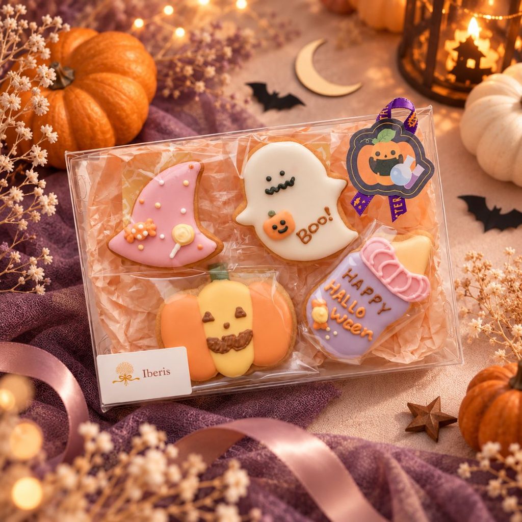 ハロウィンらしいオバケとカボチャを楽しめる、4個入りのクッキーセット。