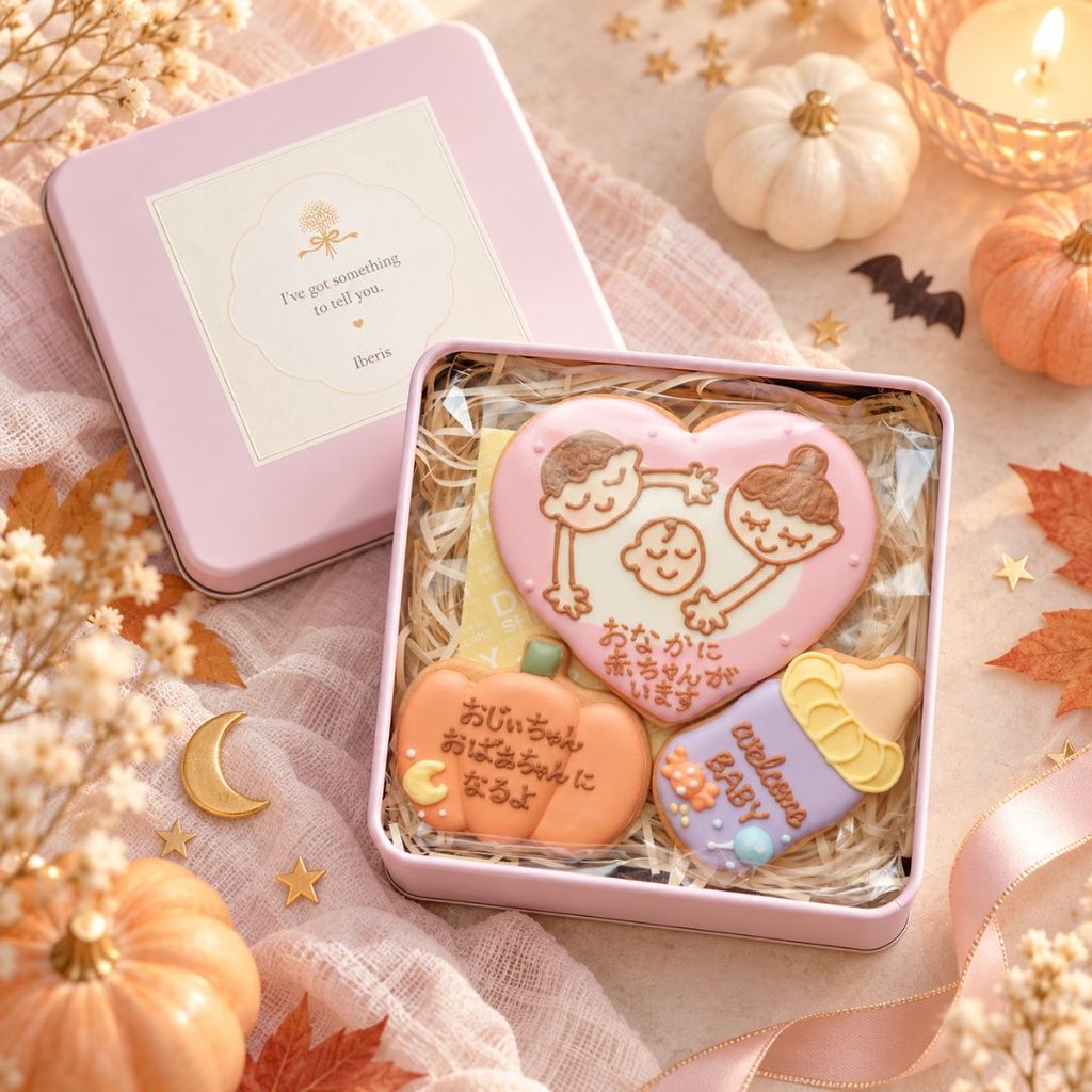 人気の妊娠報告クッキーにハロウィンらしいワクワクを添えた、10月限定のメッセージクッキー缶です。